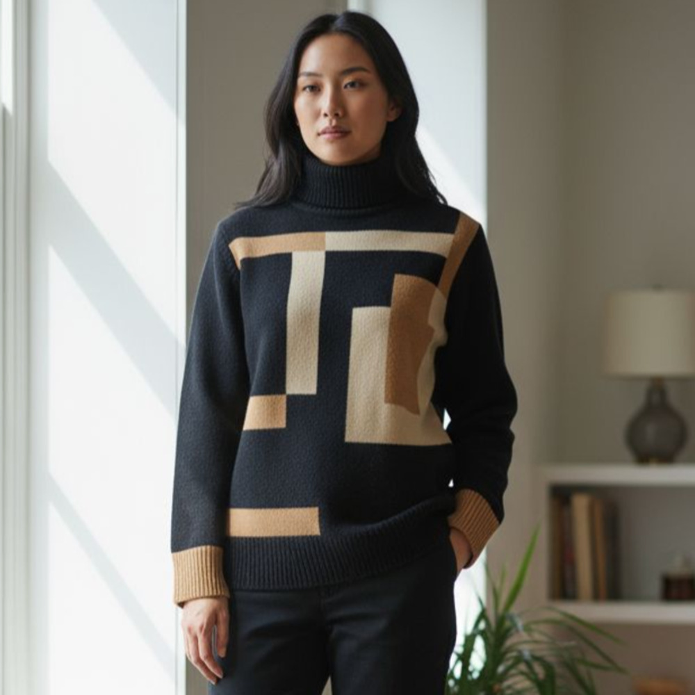 Luxe 360 Women’s Colorblock Bell Sleeve Turtleneck Pullover Sweater Size Small